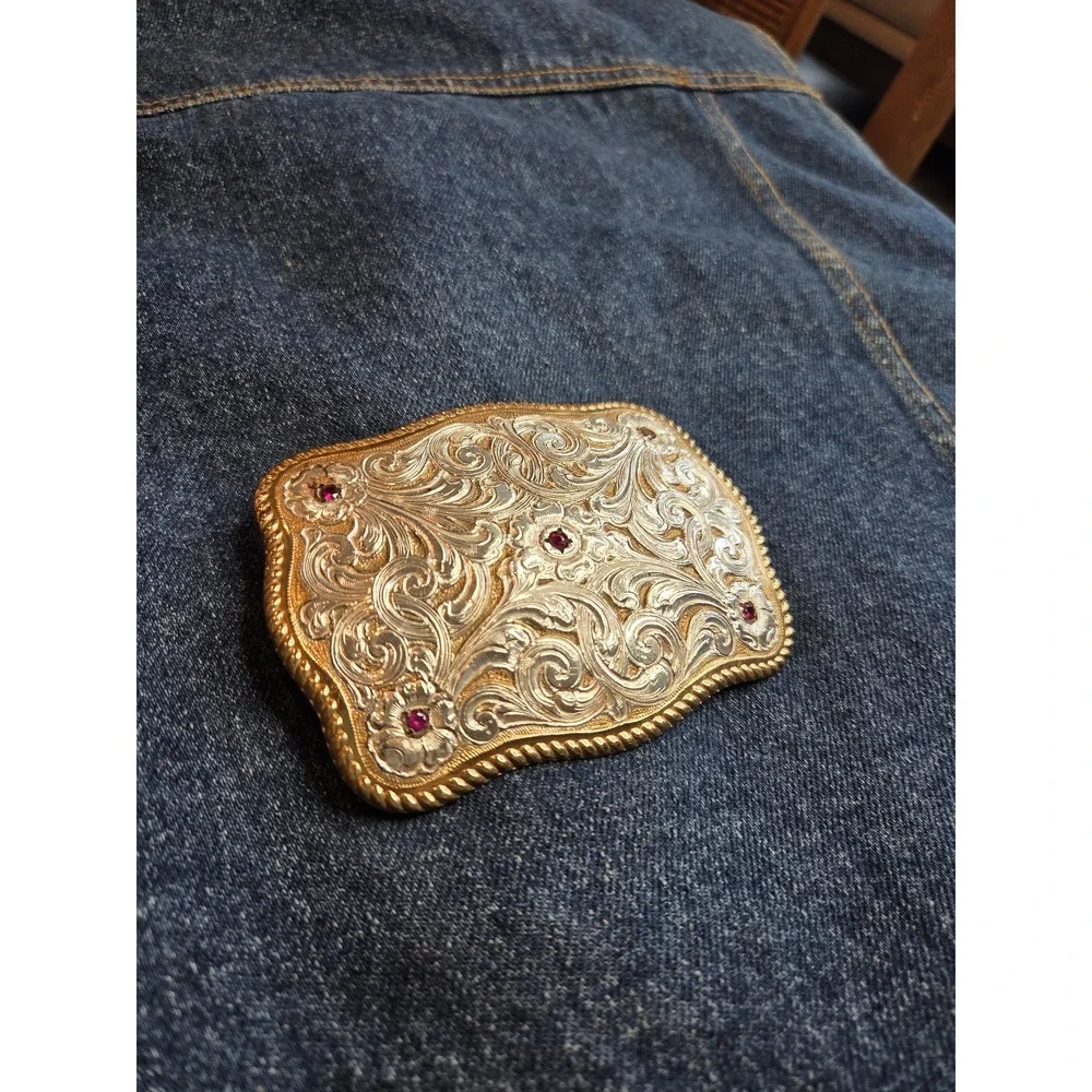 Vintage Crumrine Large Silver Gold Belt Buckle Ruby Stones Western Rodeo